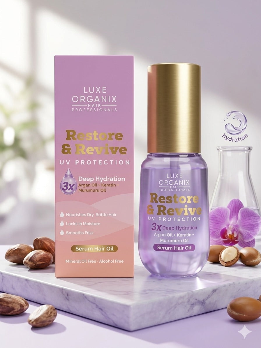 Luxe Organix Restore & Revive UV Protection 3X Deep Hydration Argan Oil + Keratin + Murumuru Oil Serum Hair Oil