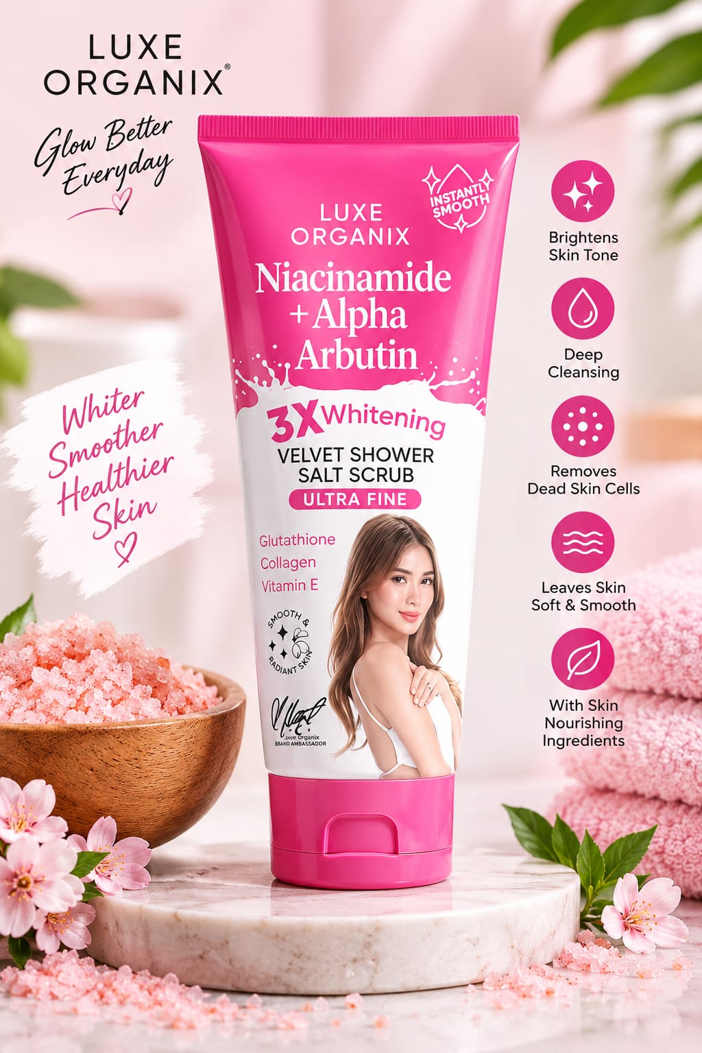 Luxe Organix Niacinamide + Alpha Arbutin Velvet Shower Salt Scrub