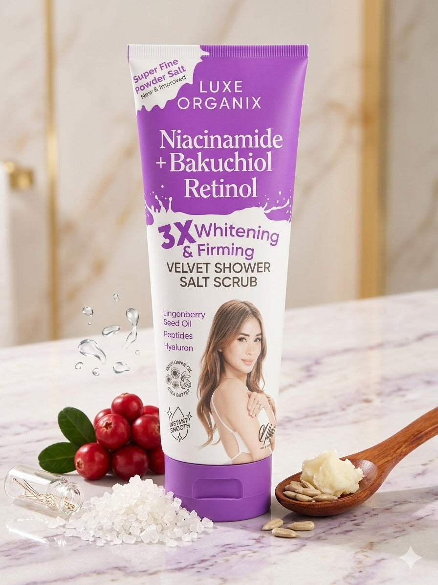 Luxe Organix Niacinamide + Bakuchiol Retinol Velvet Shower Salt Scrub 320g – 3X Whitening & Firming
